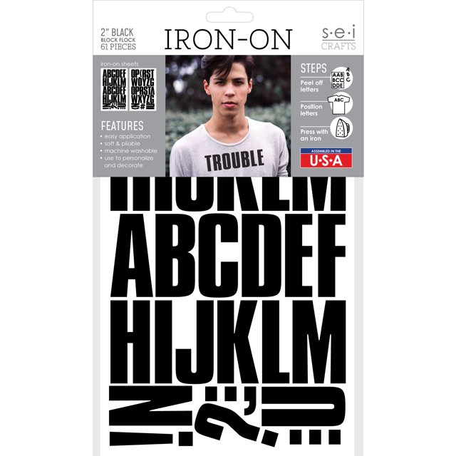 SEI 2 Inch Ironon TShirt Letters, Block Letters Flock Heat Transfers, Black