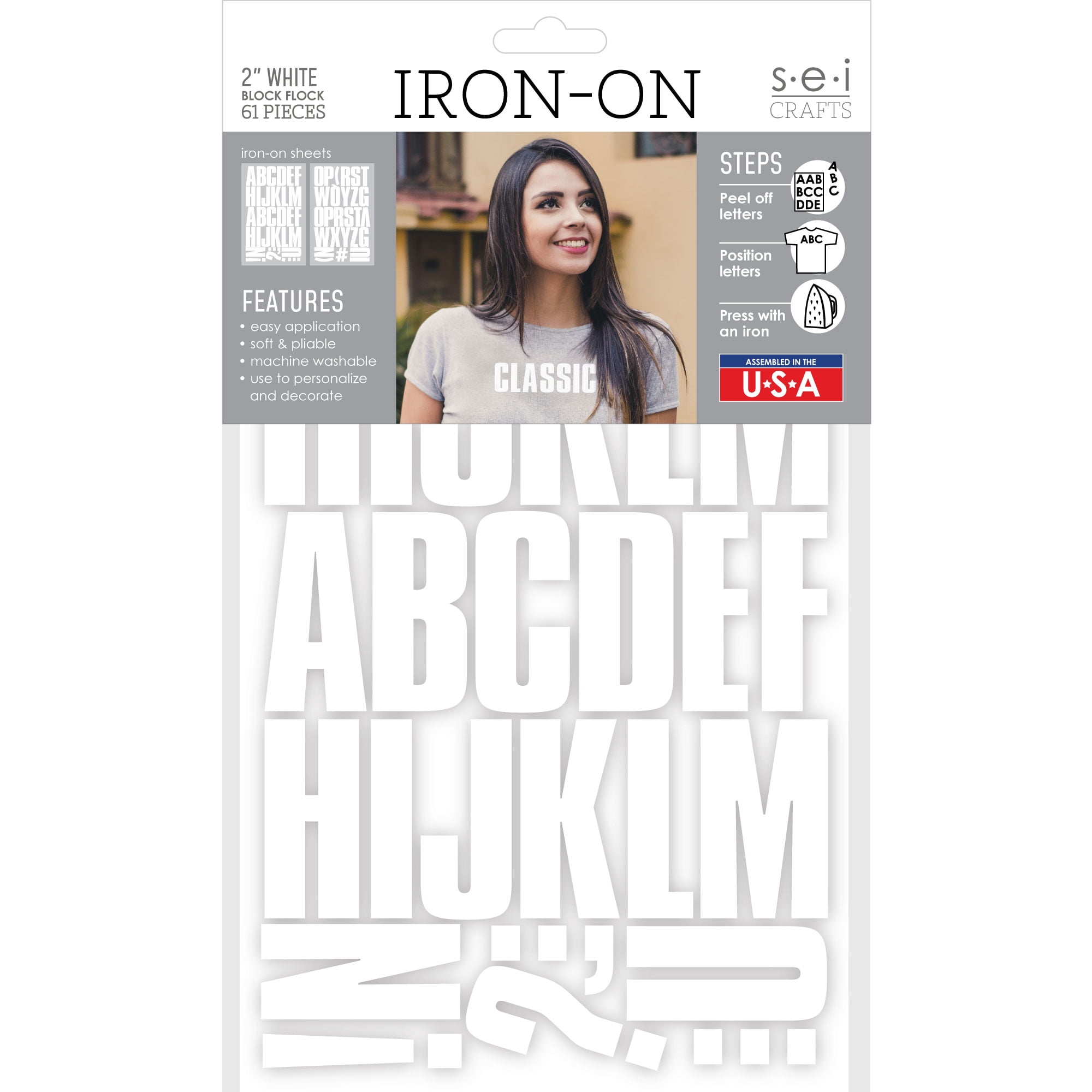 SEI 2 inch Iron on T shirt Letters Block Letters Flock Heat Transfers White