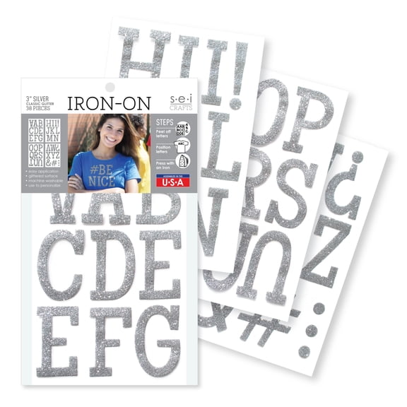 SEI 3 Inch Iron-on T-shirt Letters, Classic Glitter Letter Heat Transfers, Silver