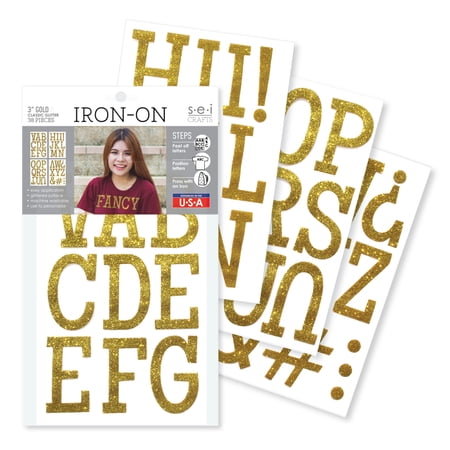 SEI 3 inch Iron-on T-shirt Letters, Classic Glitter Letter Heat Transfers, Gold