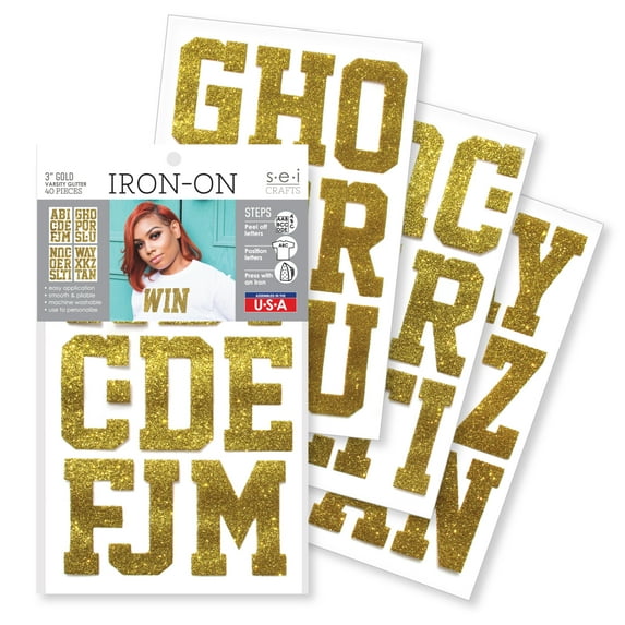 SEI 3-inch Varsity Glitter Iron-on Heat Transfer Letters, Gold