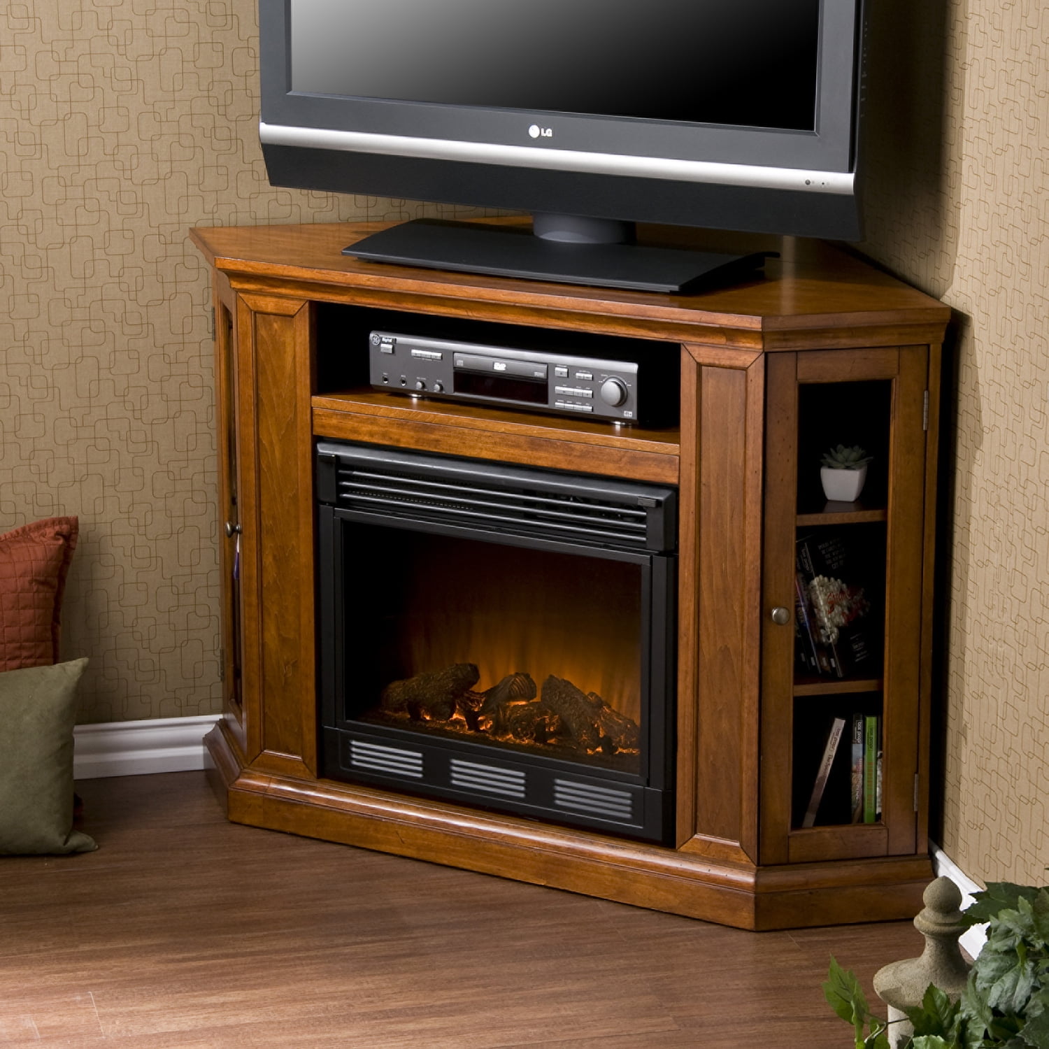 SEI Claremont Brown Mahogany Media Console with Electric Fireplace