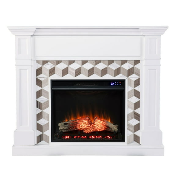 SEI Furniture Darvingmore Wood-Marble Electric Fireplace in White