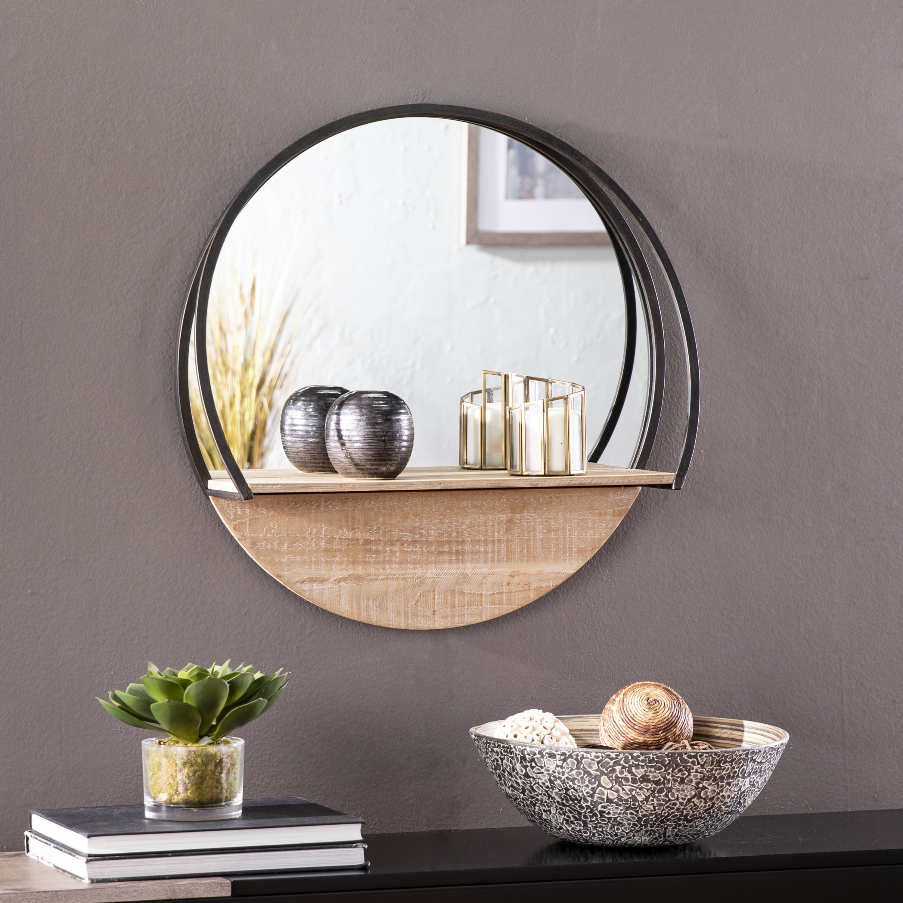 Accent plus round wooden online mirror with shelf