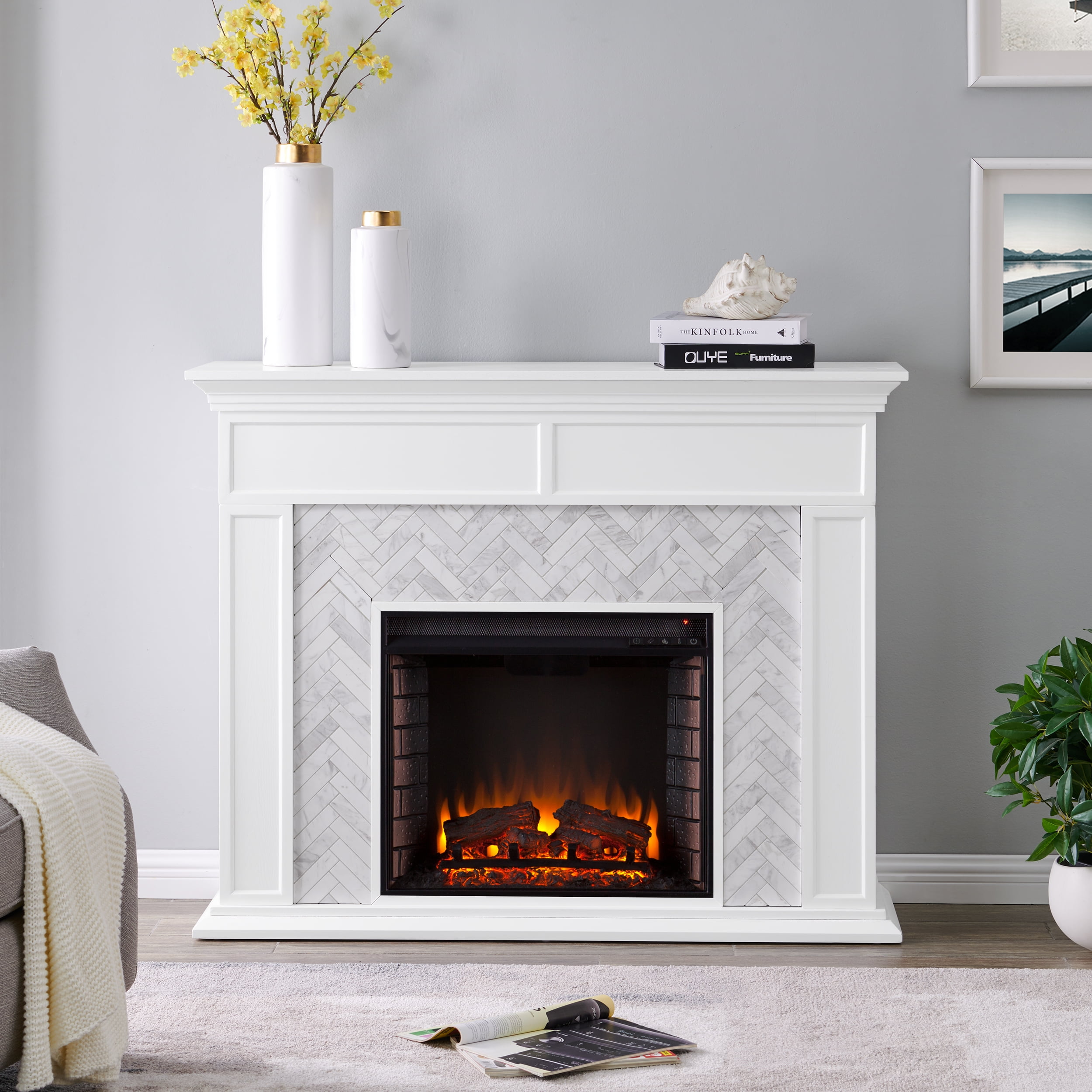 SEI Dunlin Freestanding Tiled Electric Fireplace in White with Gray Marble  - Walmart.com