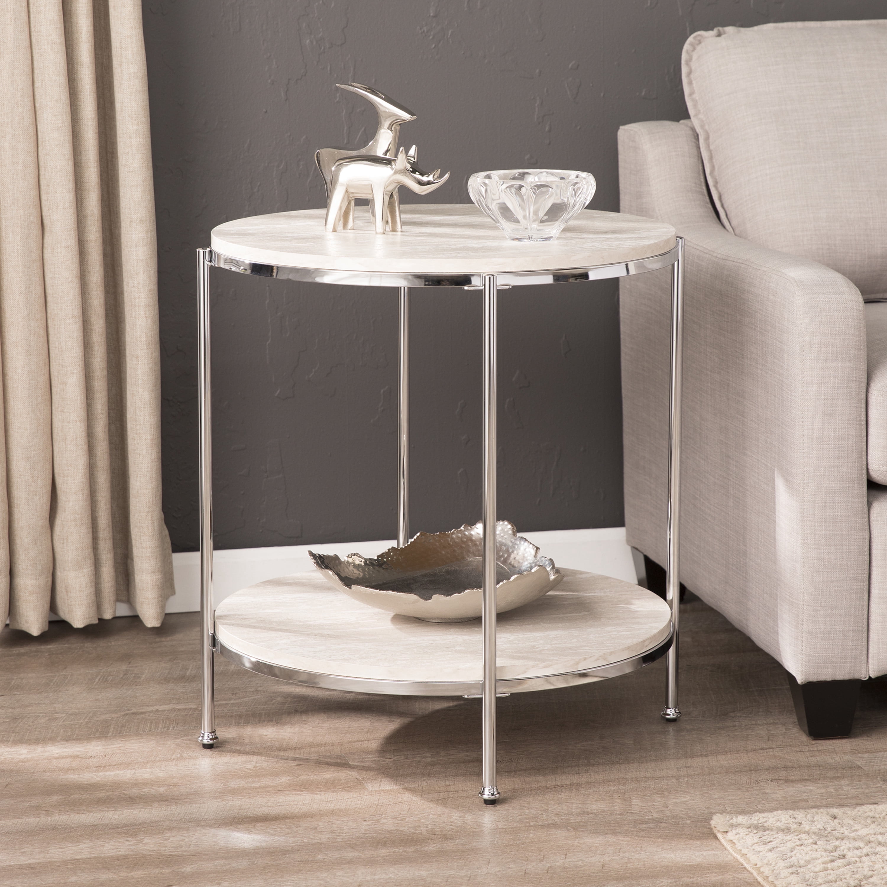 SEI Eppie Glam to Modern style Round Faux Marble End Table in Chrome ...