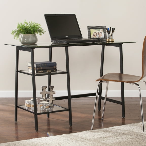 SEI Furniture Avery Glass Top Metal Writing Desk in Black