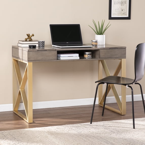 SEI Furniture Bardmont Engineered Wood Two-Tone Desk with Storage in Gray/Gold
