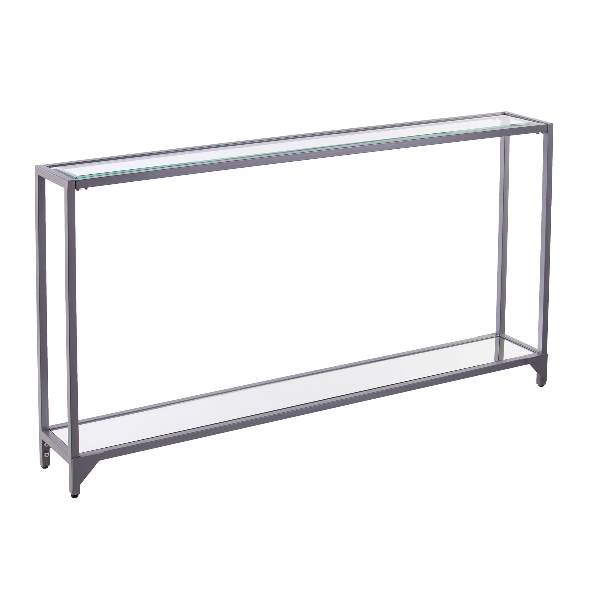 Silver Metal and Glass Console Table with Mirrored Storage Shelves