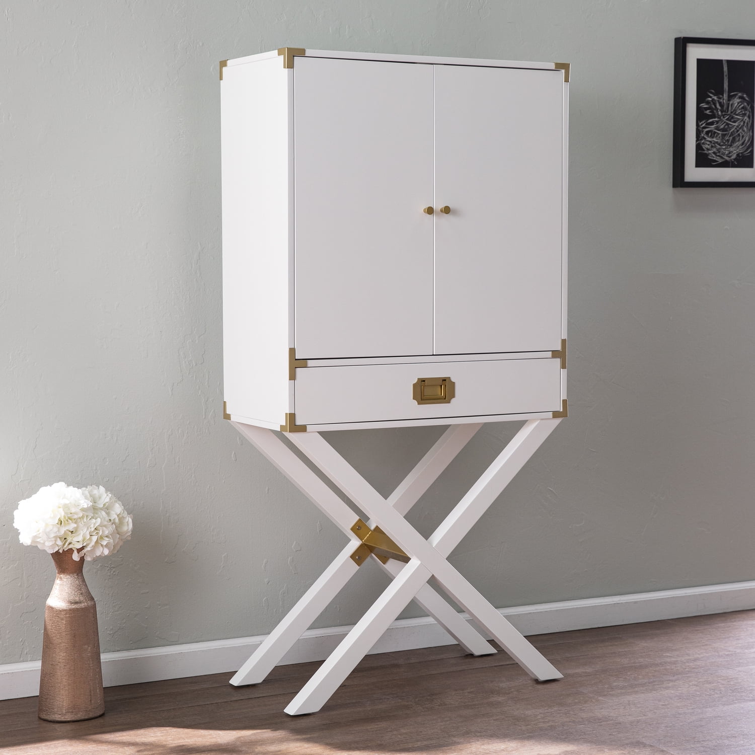 Chic White and Gold Tall Bar Cabinet with Mirrored Interior