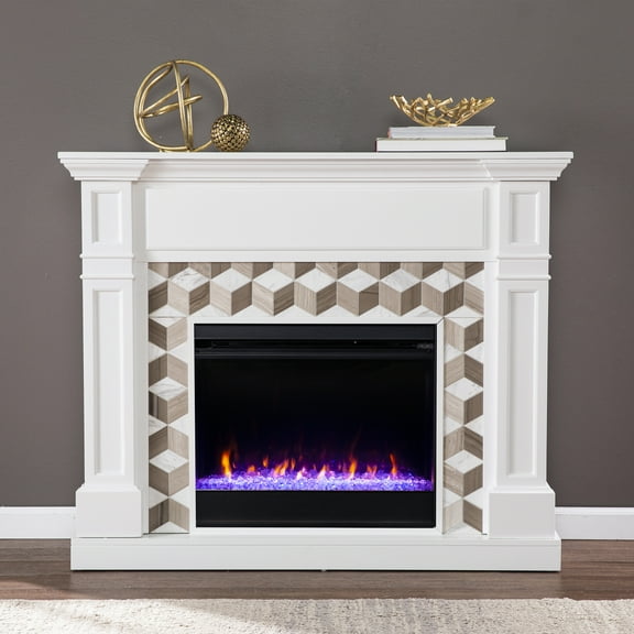 SEI Furniture Darvingmore Wood-Marble Color Changing Fireplace in White