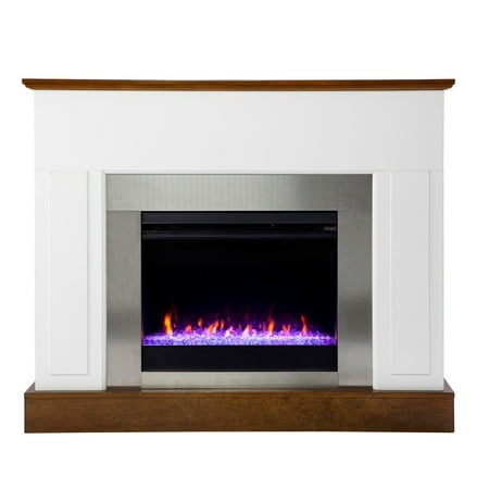 SEI Furniture - Eastrington Color Changing Electric Fireplace - White and dark tobacco finish w/ nickel surround