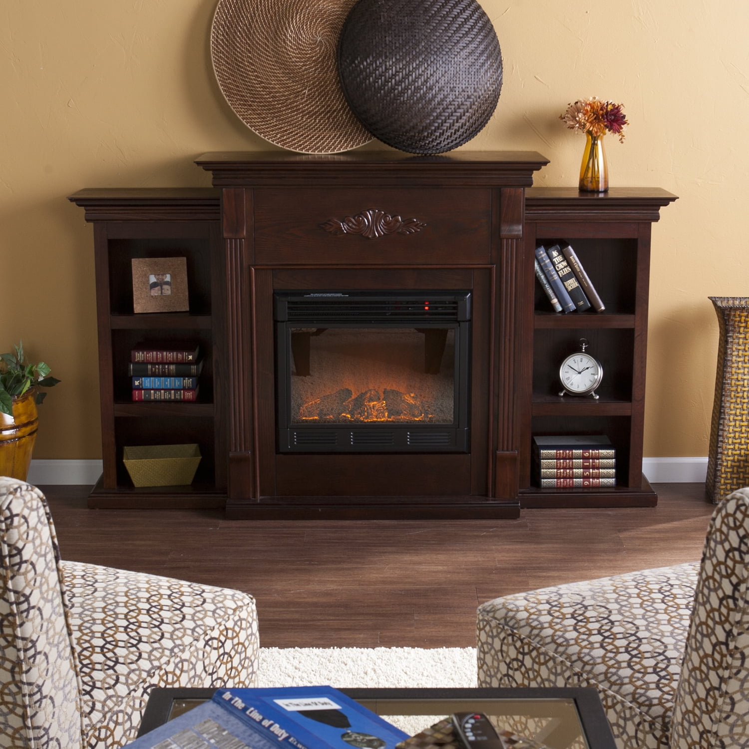 Espresso Electric Fireplace with Bookcases and Carved Floral Design