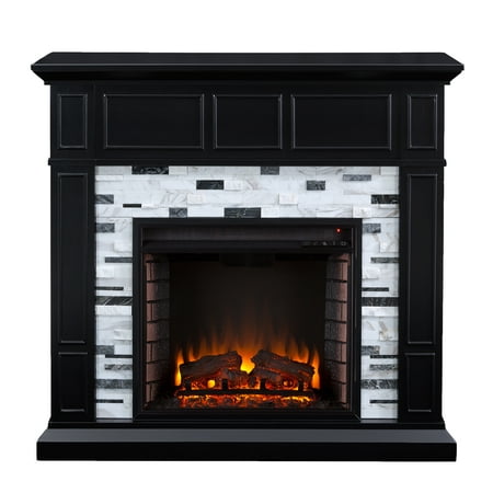 product image of SEI Furniture Frescan Freestanding Marble Electric Fireplace in Black with White and Gray Marble