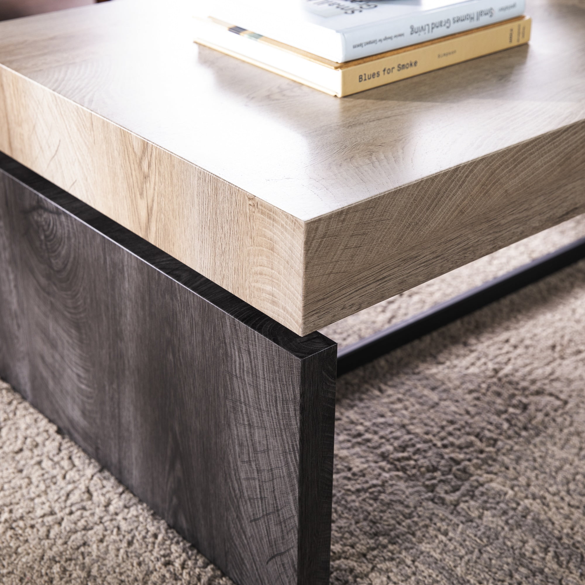 Natural and Black Rectangular Wood and Metal Cocktail Table