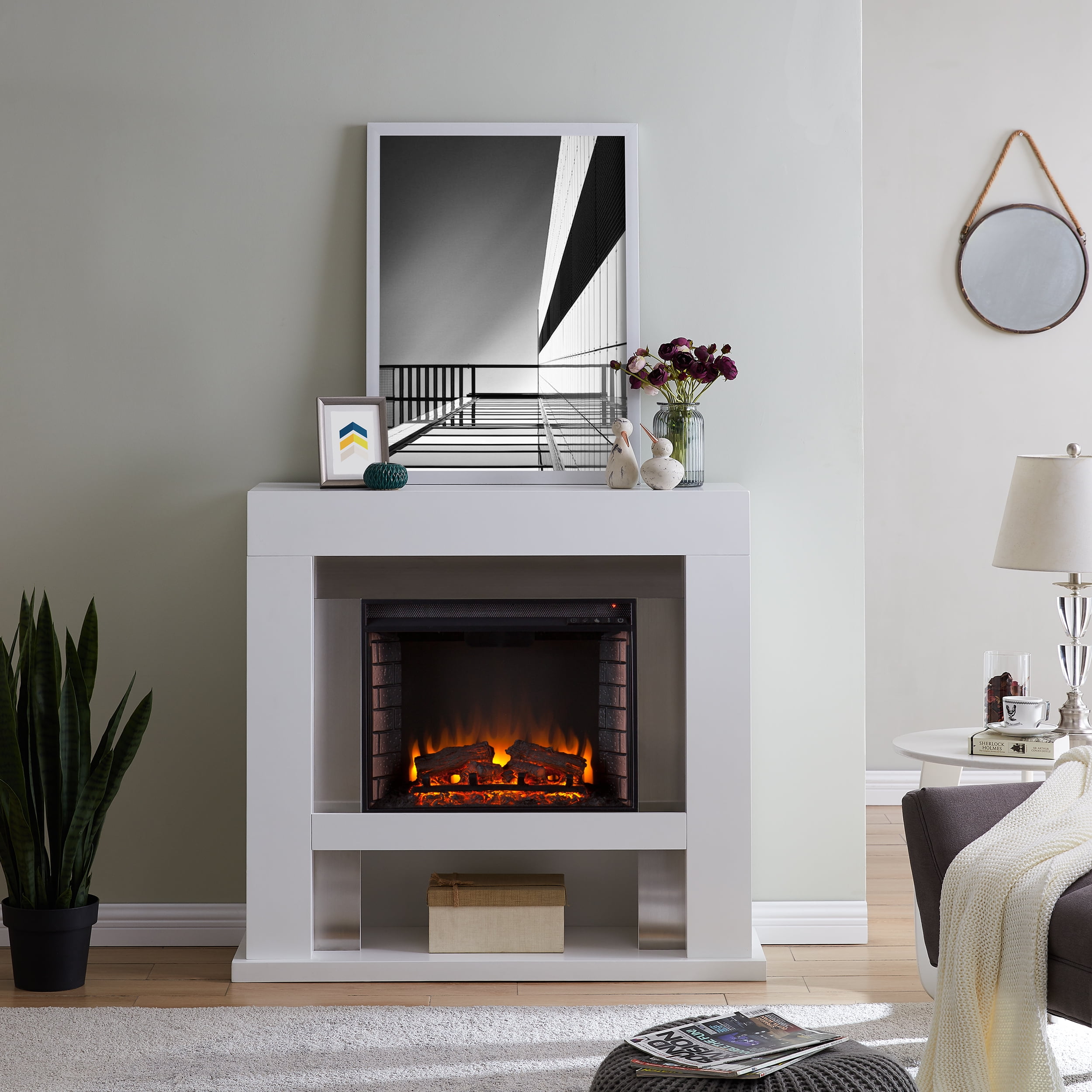 SEI Furniture Harkwell Freestanding Electric Fireplace in White and  Stainless Steel Finish - Walmart.com