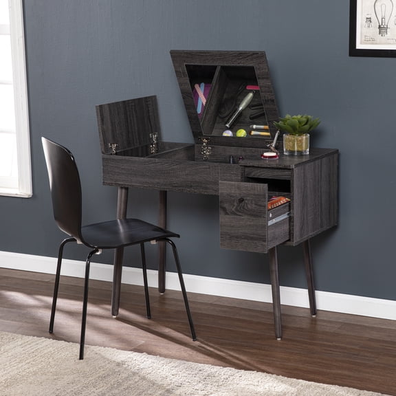 SEI Furniture Harzen Storage Vanity Desk with Mirror in Black