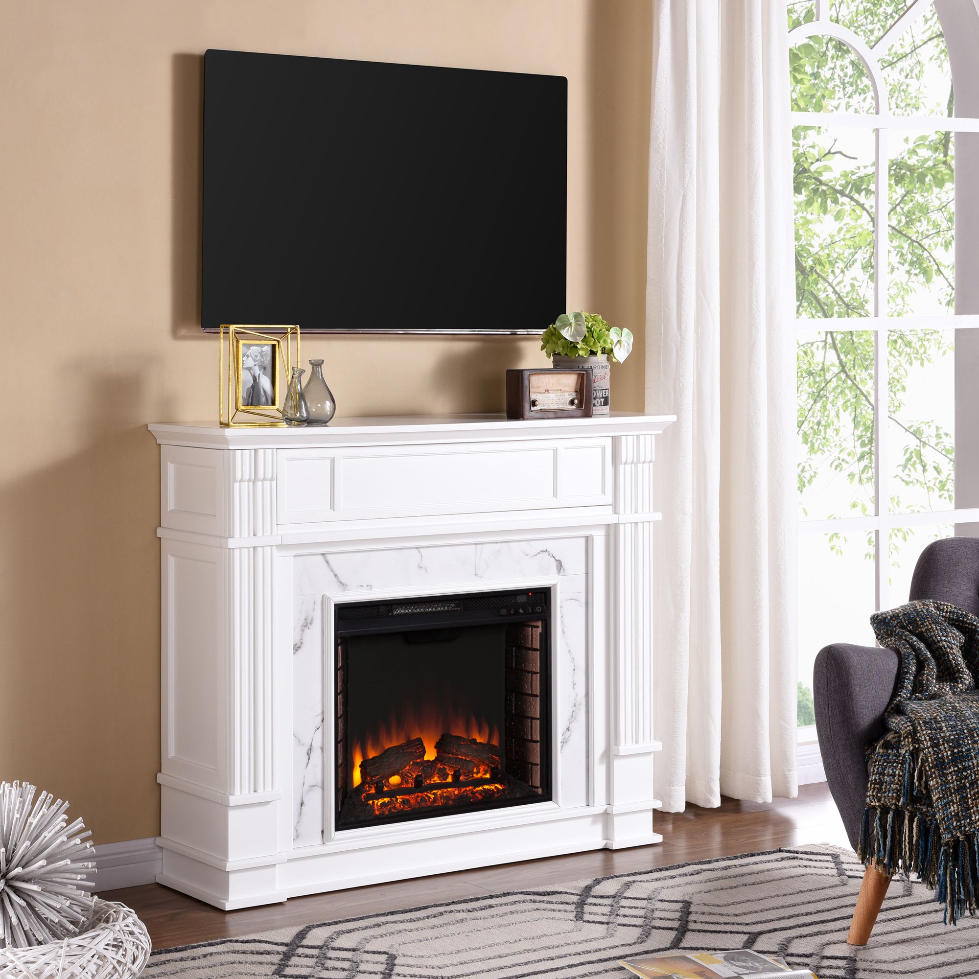 SEI Furniture Highgate Faux Cararra Marble Electric Media Fireplace - White  48 x 40.5 Freestanding Indoor Electric Fireplaces - Walmart.com