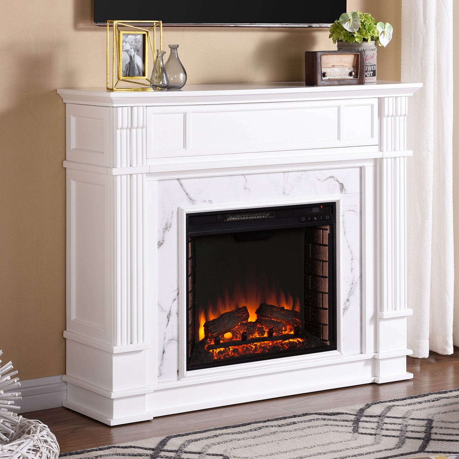 SEI Furniture Highgate Faux Marble Electric Fireplace TV Stand in White