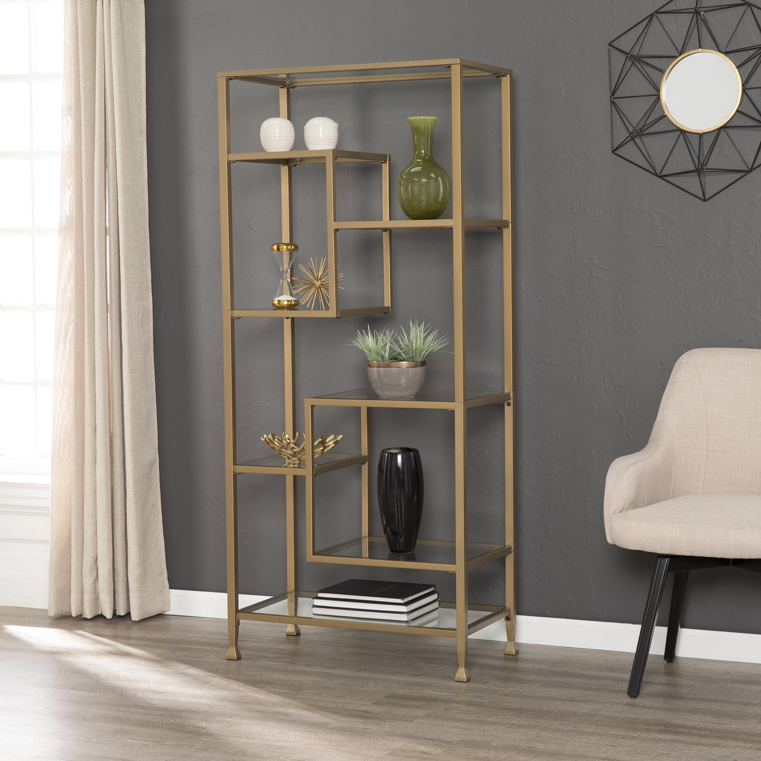 Soft Gold Metal and Glass Asymmetrical Bookcase