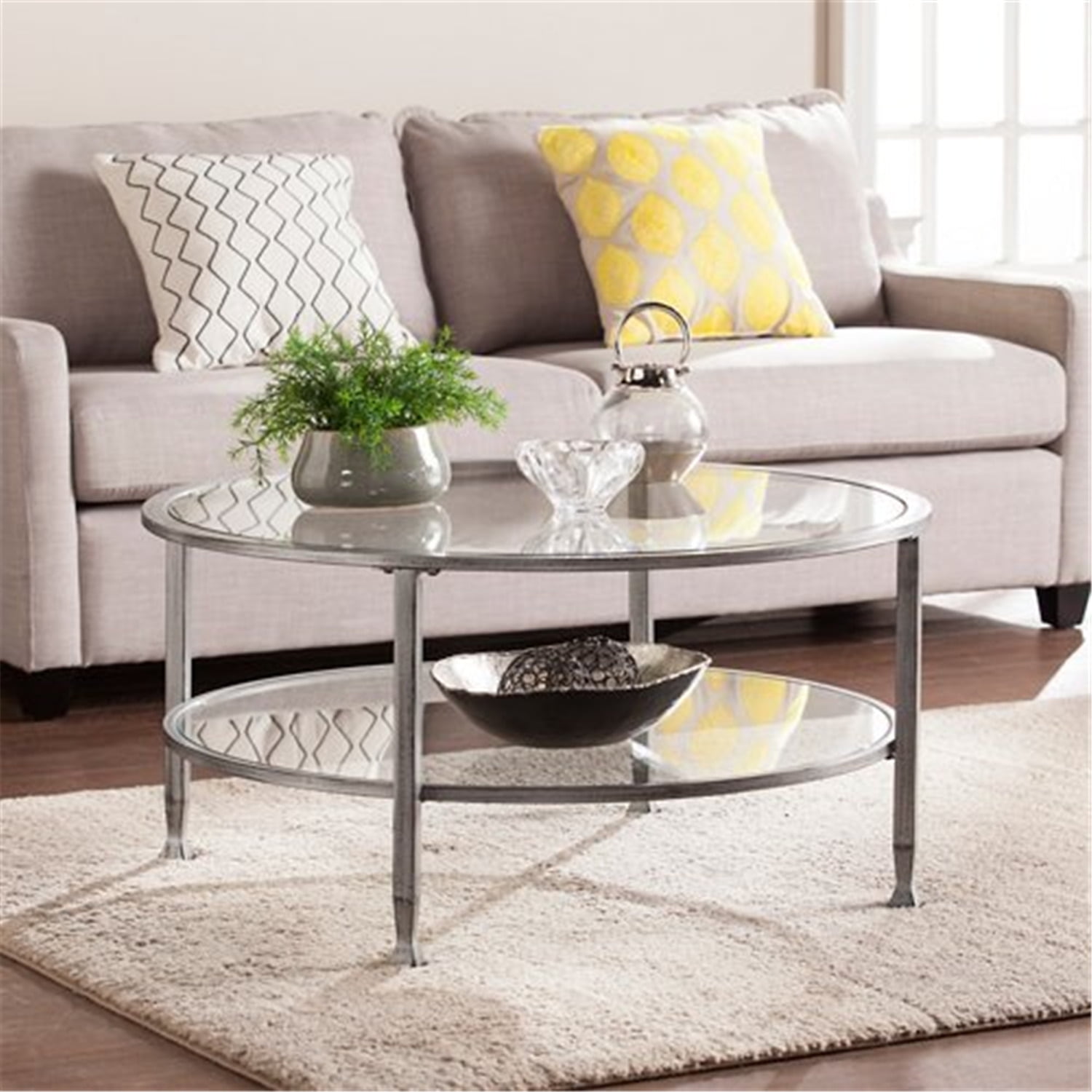 Jaymes Round Silver Metal and Glass Coffee Table
