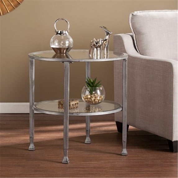 SEI Furniture Jaymes Round Glass Top Metal End Table in Silver