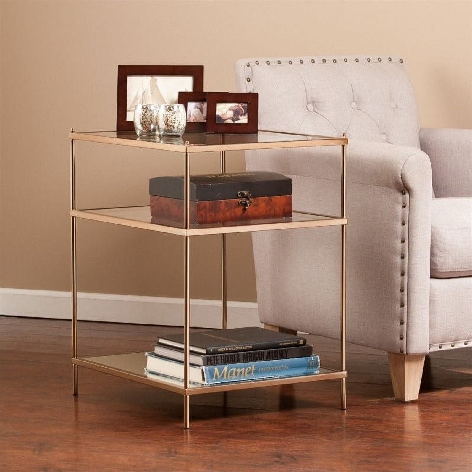 Metallic Gold Glass and Mirror Side Table with Shelves