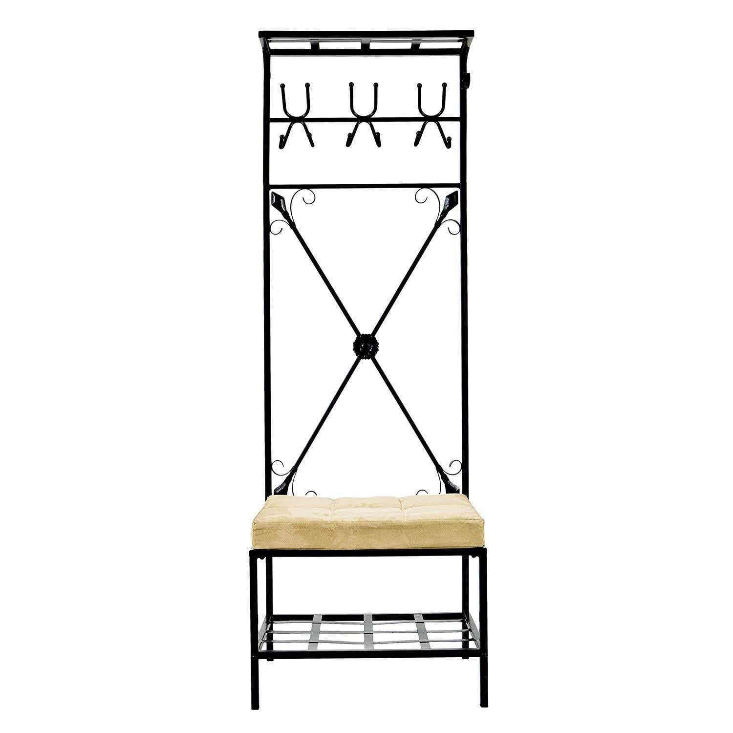 Textured Black Metal Entryway Storage Rack-Bench with Microfiber Seat