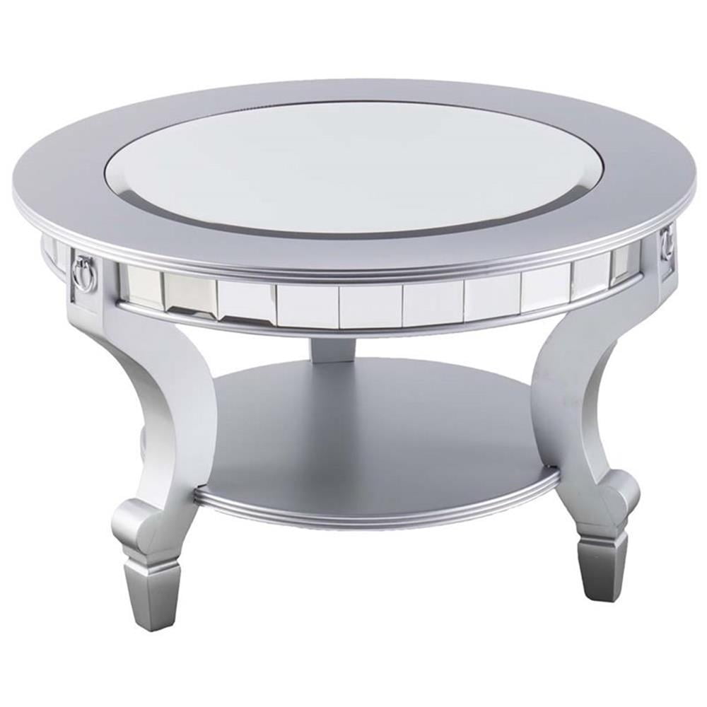 Glamorous Round Mirrored Wood Cocktail Table with Matte Silver Legs