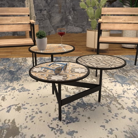 SEI Furniture Lorengo Outdoor 3-Tier Cocktail Table w/Multi-Color Tile in Black