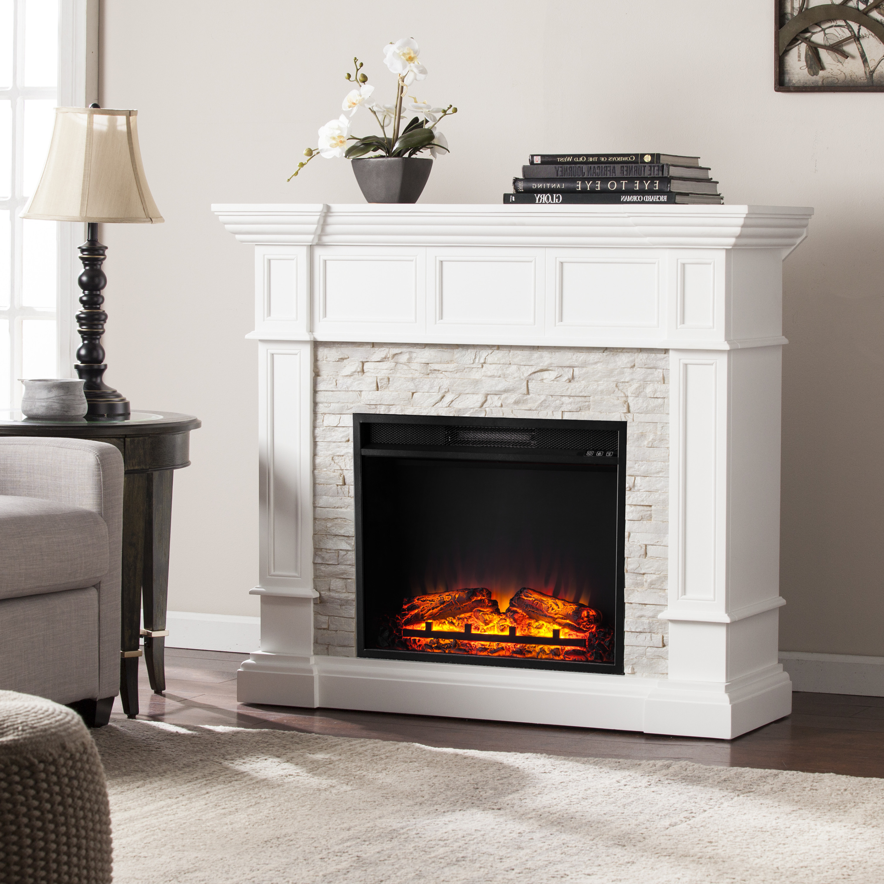 SEI Furniture Merrimack Convertible Electric Fireplace with Faux Stone White  45.75 x 40.75 Freestanding Indoor Electric Fireplaces - Walmart.com