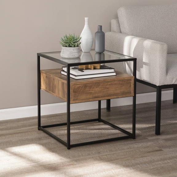 SEI Furniture Olivern 1 Drawer Glass Top End Table in Black and Natural