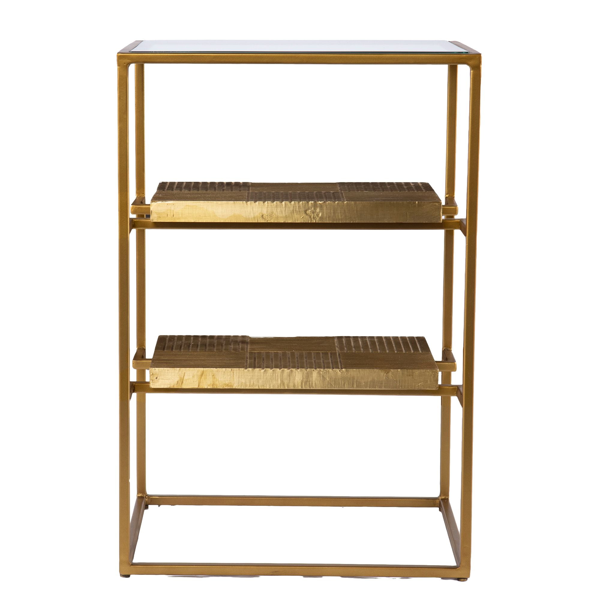 Brass and Glass Three-Tier End Table with Storage