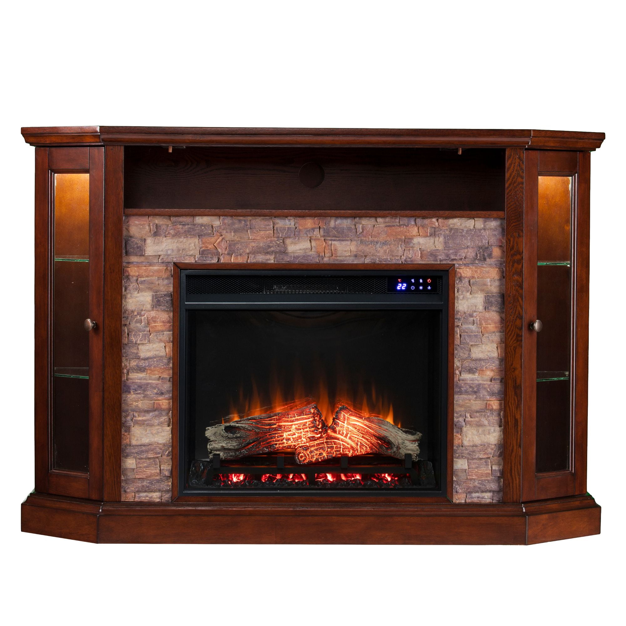 SEI Furniture Redden Wood Corner Convertible Electric Fireplace in Brown