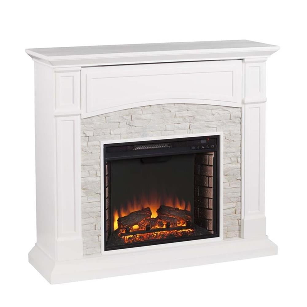 Crisp White Faux Stone Electric Fireplace TV Stand