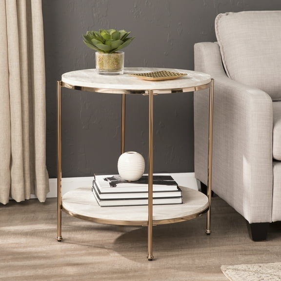 SEI Furniture Silas 22" Round Faux Stone Top End Table in Champagne