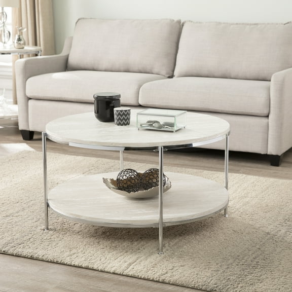 SEI Furniture Silas Round Faux Travertine Stone Cocktail Table in Chrome