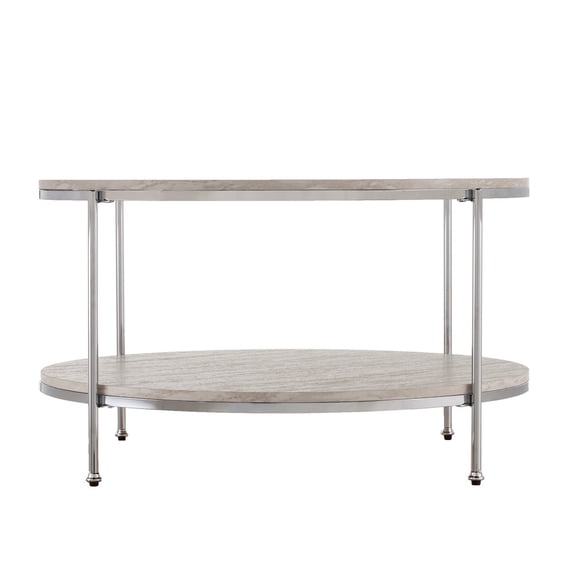 SEI Furniture Silas Round Faux Travertine Stone Cocktail Table in Chrome