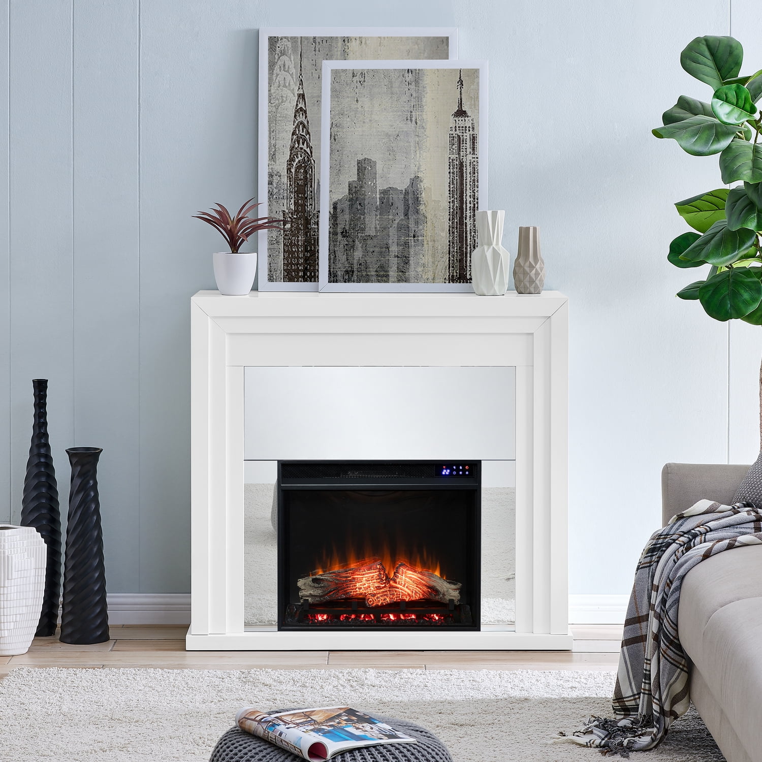 White Mirrored Touch Screen Electric Fireplace with Faux Logs