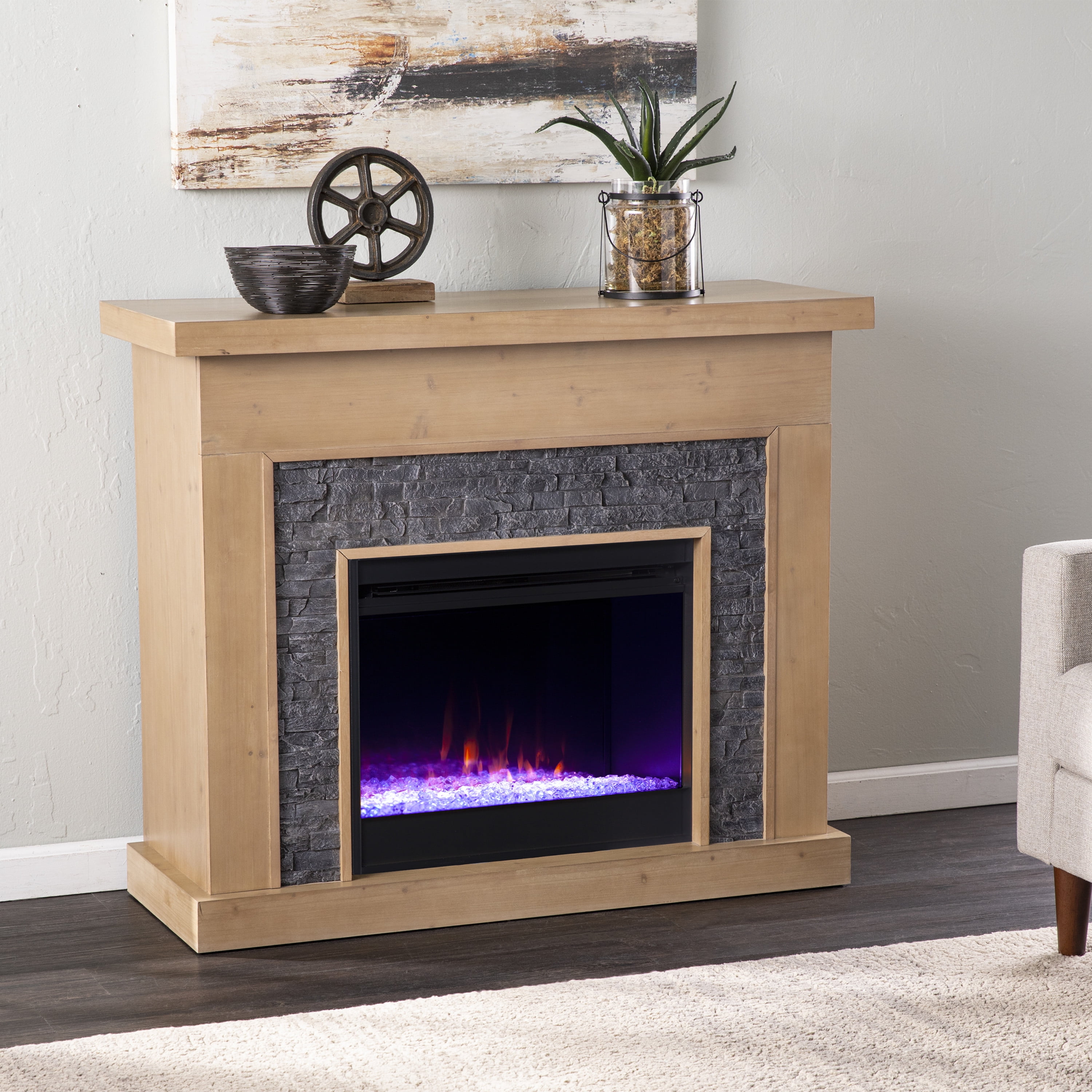 SEI Furniture Staioel Freestanding Modern Farmhouse Color Changing Electric  Fireplace W/ Faux Stone Surround in Natural and Gray Finish - Walmart.com