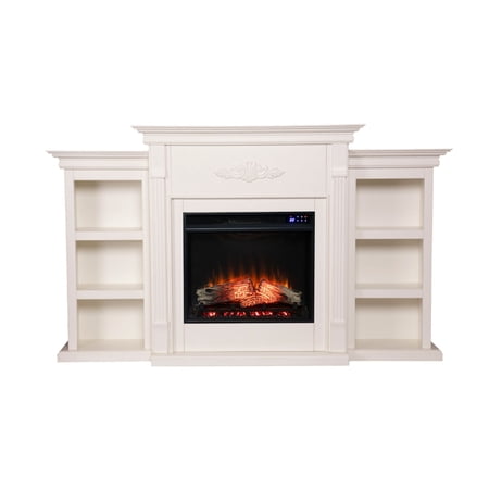 Southern Enterprises 70.25" White and Black Classic Style Floral Electric Fireplace with Bookcase
