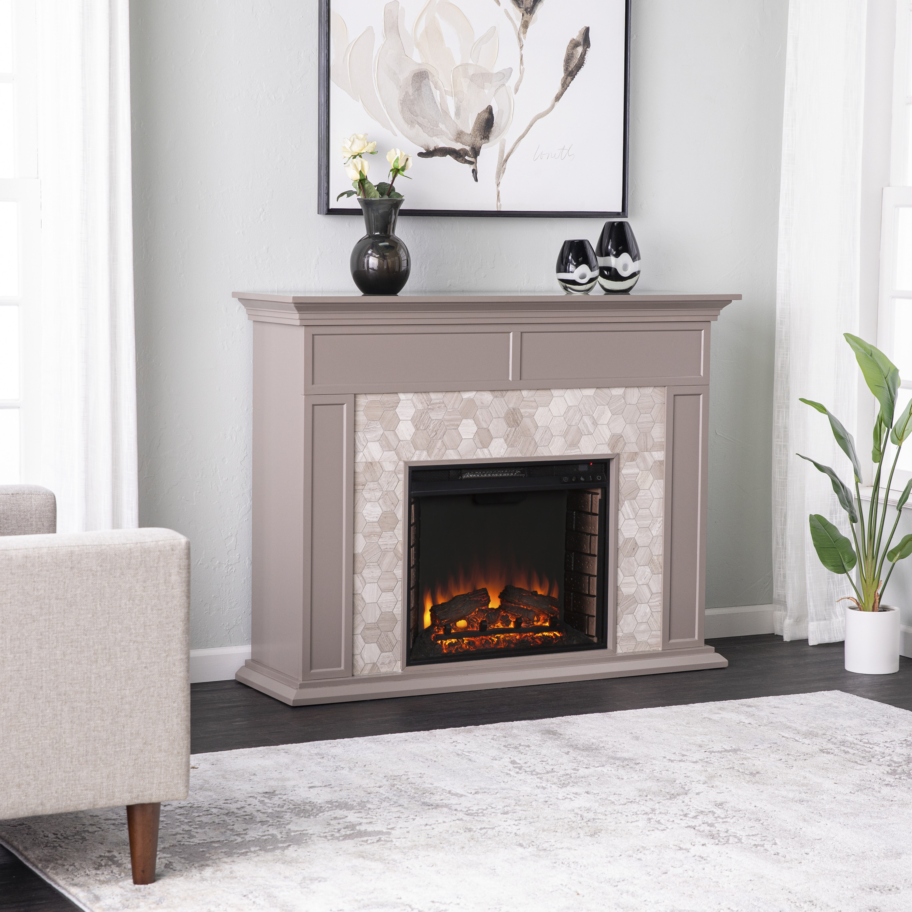 SEI Furniture Torlington Marble Tiled Electric Fireplace – Gray 50 x 39 Freestanding Indoor Electric Fireplaces Sansujyuku sansujyuku.com