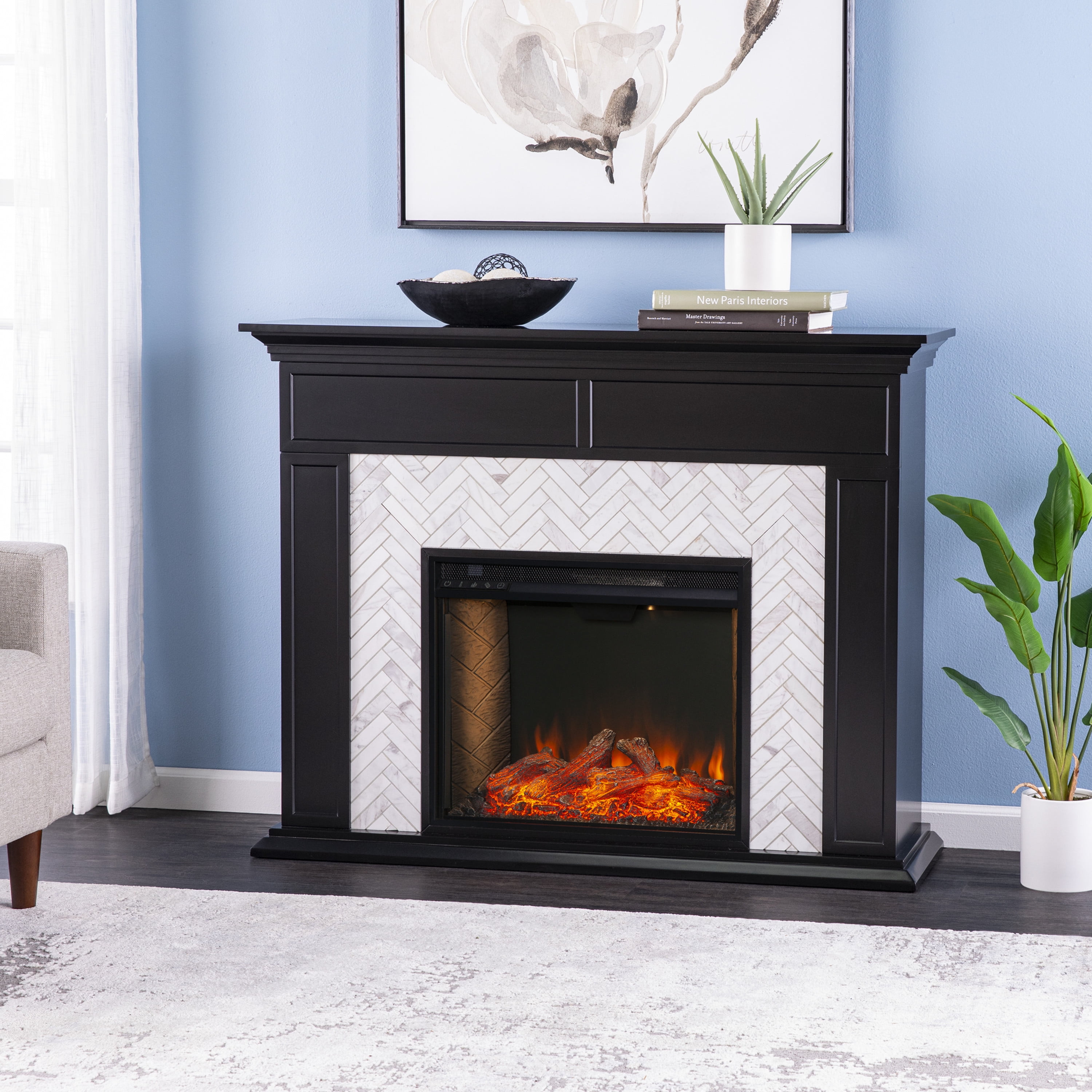 SEI Furniture Torlington Marble Tiled Smart Fireplace Black 50 x 39