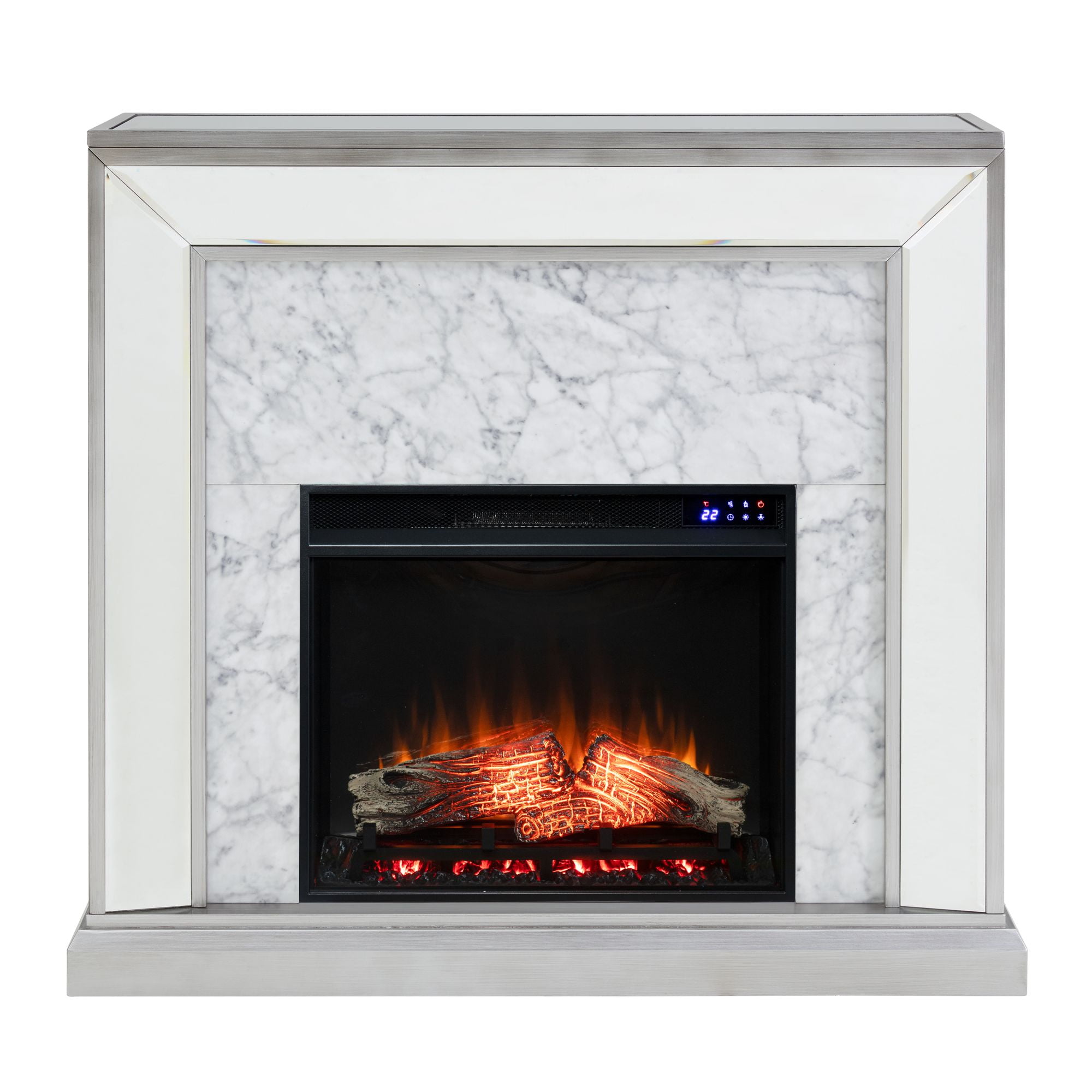 White Mirrored Electric Fireplace with Faux Marble Surround