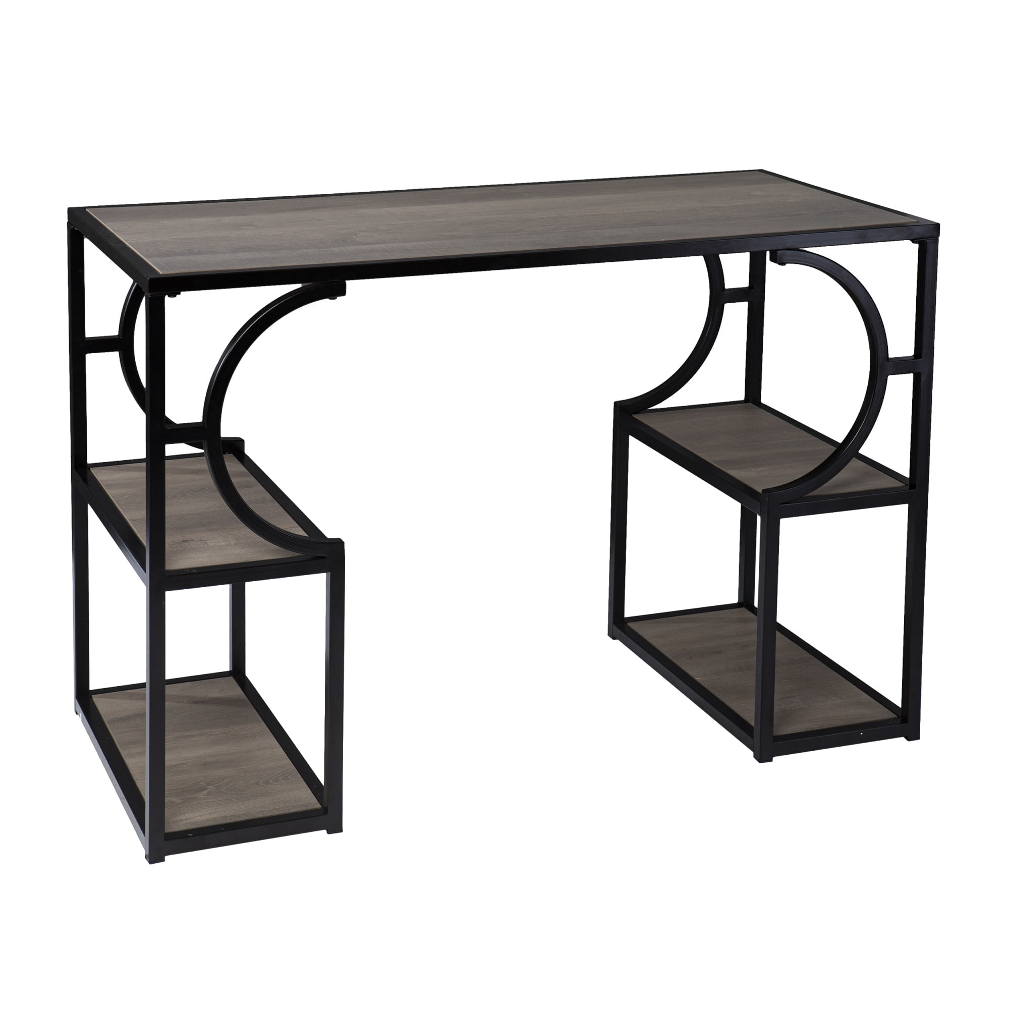 Natural and Black Wood Writing Desk with Shelves