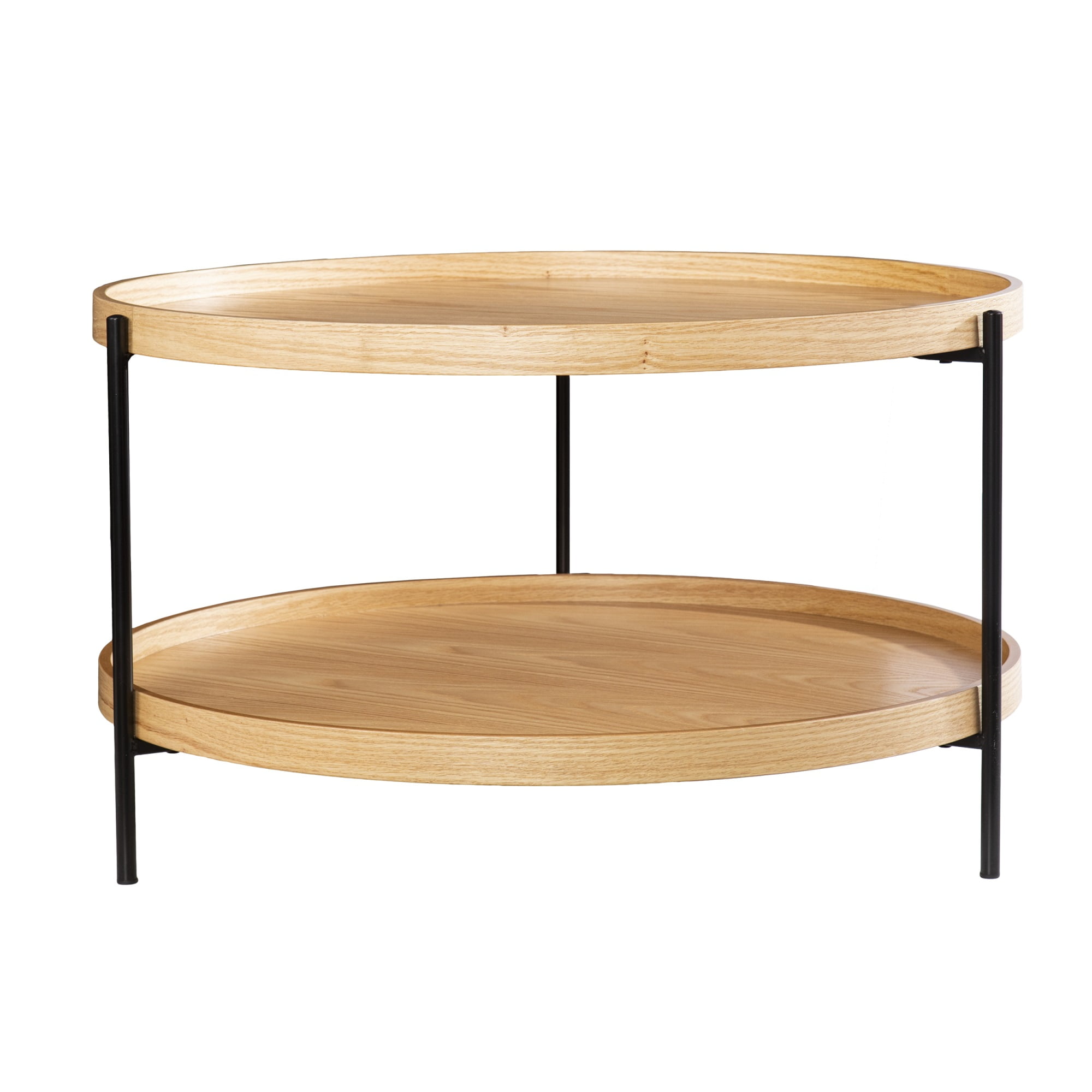 Natural and Black Round Wood and Metal Coffee Table with Storage
