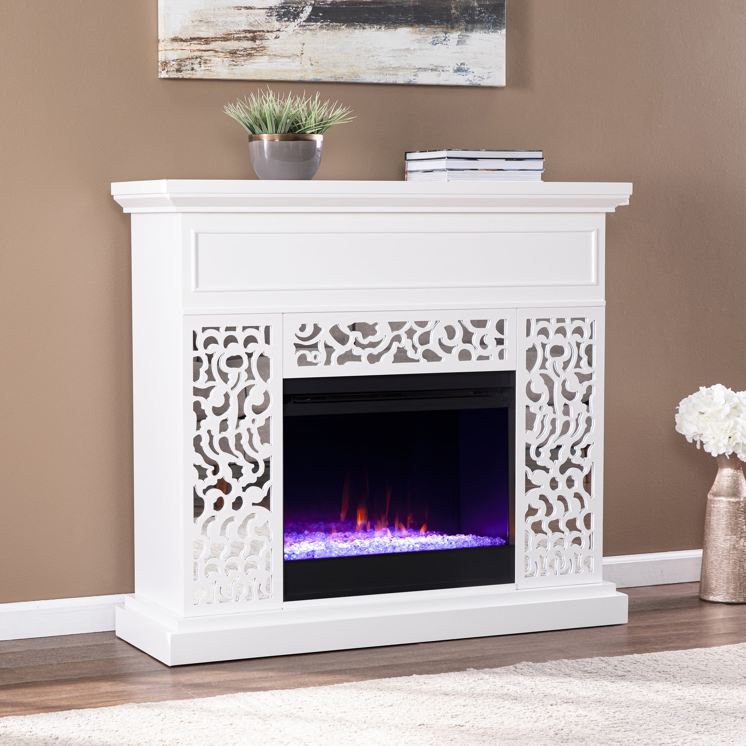 SEI Furniture Wansfinly Freestanding Contemporary Style Color Changing Electric Fireplace in White W/ Mirror Sansujyuku sansujyuku.com
