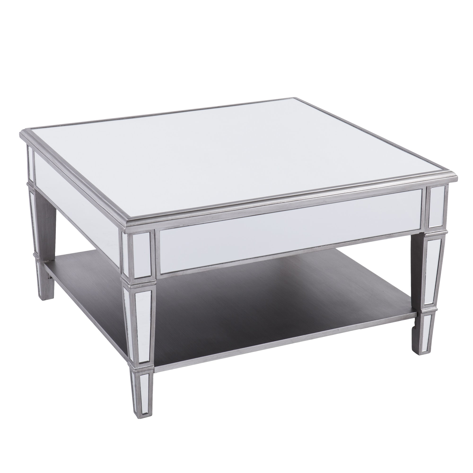 Square Mirrored Coffee Table with Brushed Silver Finish and Storage