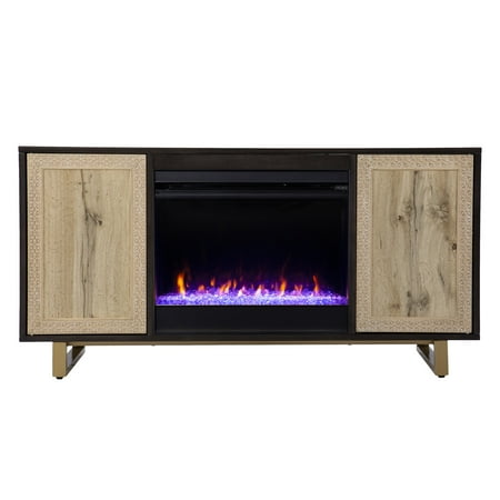 SEI Furniture - Wilconia Color Changing Fireplace w/ Media Storage and Carved Details - Dark brown, natural, and gold finish