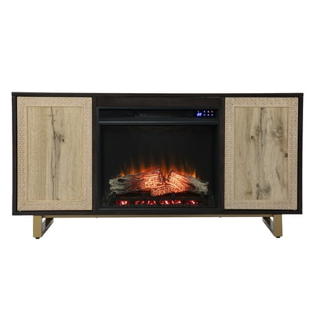 SEI - Wilconia Electric Media Fireplace w/ Carved Details - Dark brown, natural, and gold finish